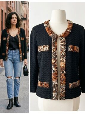 Michael Simon Black Textured Knit Jacket Animal Print Trim Y2K Mob Wives Size S